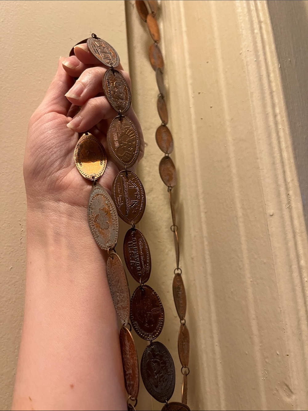 COPPER CRUSHED PENNY CHAIN ALREADY TOGETHER OVER 55 PENNIES ROLLED ROLL